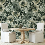 "Wall Blush's Forever and Always Wallpaper featured in a cozy dining room setup with elegant floral design focus."