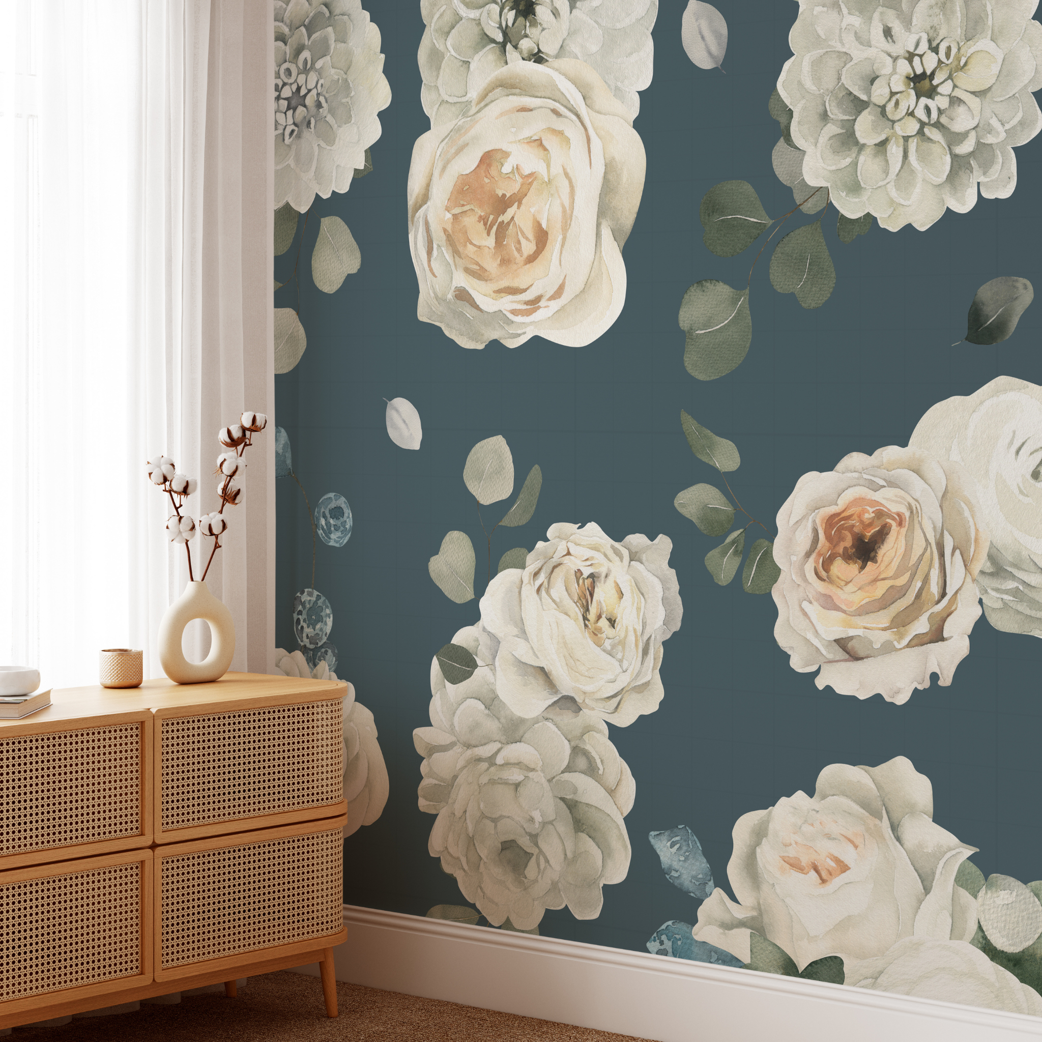 "Wall Blush's Forget Me Not Wallpaper featured in a stylish living room, highlighting floral elegance."