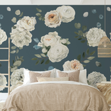 "Wall Blush's Forget Me Not Wallpaper in a cozy bedroom, showcasing elegant floral designs as the focal point."