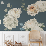 "Wall Blush's Forget Me Not Wallpaper in elegant living room setting, showcasing large floral design as focal point."