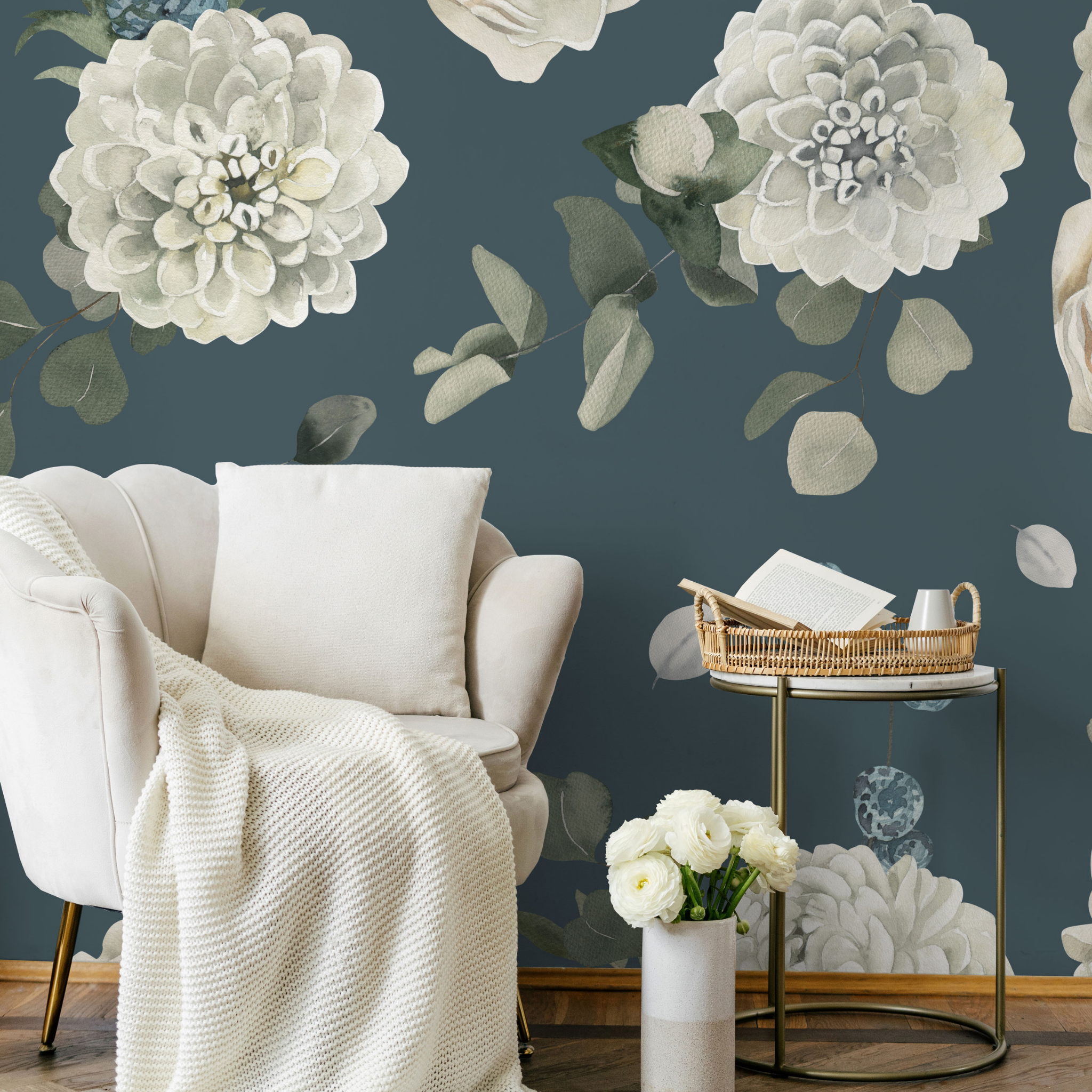 "Wall Blush's Forget Me Not Wallpaper in elegant living room setup emphasizing the floral pattern and cozy ambiance."