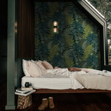 "Cozy bedroom featuring Fraser Wallpaper by Wall Blush with a botanical design enhancing the room's ambiance."