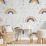 Child's room featuring colorful Funfetti Wallpaper by Wall Blush with whimsical decor accents.
