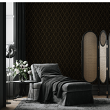 "Gatsby Wallpaper by Wall Blush highlighting an elegant living room interior, with focus on the luxe pattern design."