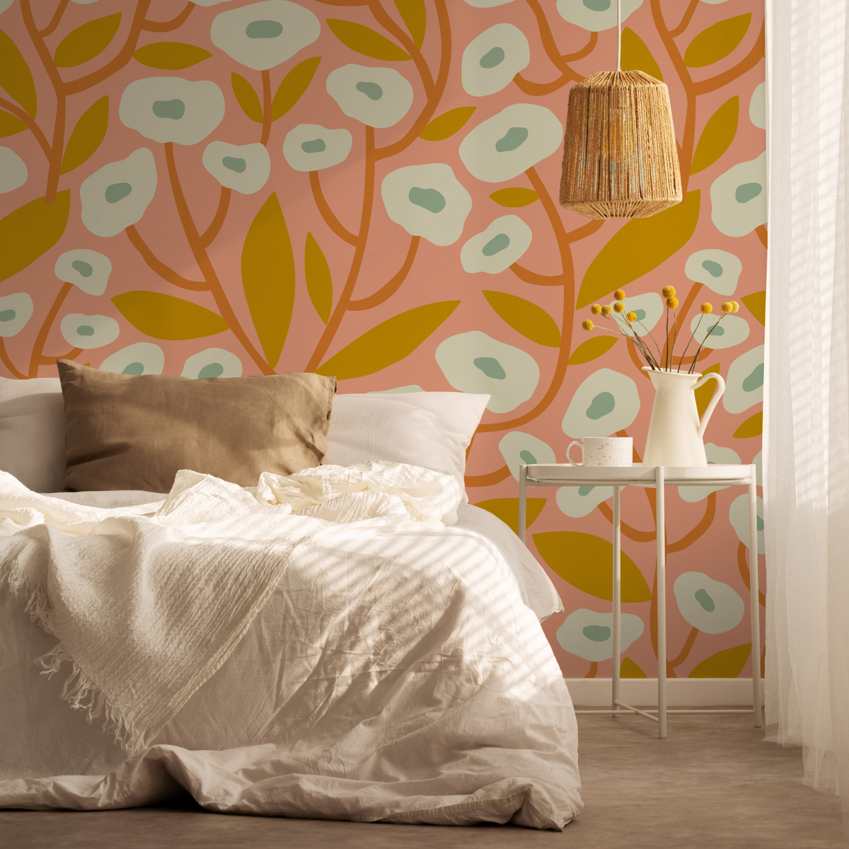 Georgia (Orange) - Retro Boho Flowers Wallpaper