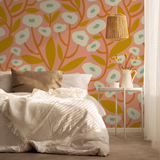 "Cozy bedroom featuring Wall Blush's Georgia (Orange) Wallpaper with modern floral design."
