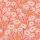 "Wall Blush's Georgia (Pink) Wallpaper showcased in a bright, modern bedroom setting, with a detailed floral pattern."