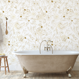 Wall Blush's Golden Hour Wallpaper in a modern bathroom, showcasing elegant floral design as the focal point.