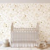 "Golden Hour Wallpaper by Wall Blush highlighting floral design in a nursery room, emphasizing elegant wall decor."