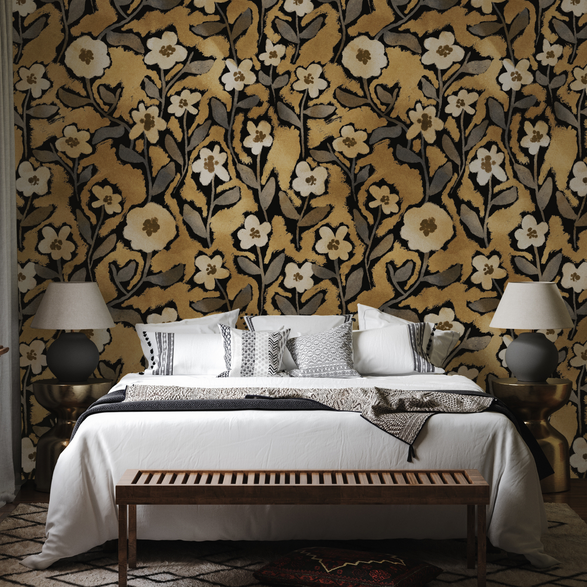 Goldie - Moody Gold Floral Wallpaper