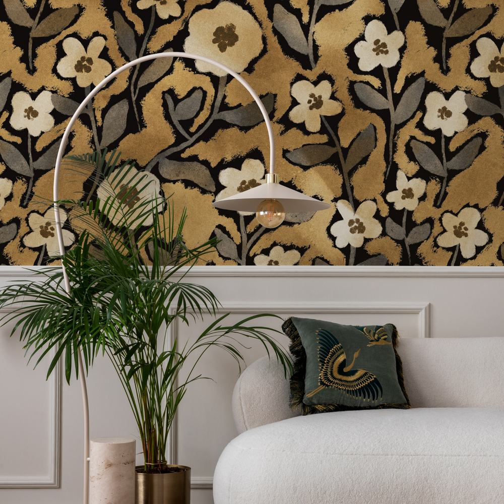 Goldie - Moody Gold Floral Wallpaper