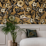 "Goldie Wallpaper by Wall Blush in a modern living room showcasing elegant floral patterns as the focal point."
