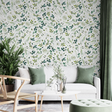 "Wall Blush Green Valley Wallpaper enhancing a modern living room decor with floral patterns."