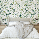 "Green Valley Wallpaper by Wall Blush in cozy bedroom setting, showcasing elegant floral design as the focal point."