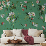 "The Grove Wallpaper by Wall Blush showcasing floral design in a cozy living room, with a focus on the vibrant wall decor."