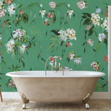 "The Grove Wallpaper by Wall Blush in elegant bathroom featuring clawfoot tub with floral patterns as focus."