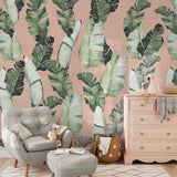 "Haleiwa Wallpaper by Wall Blush in cozy living room with botanical design focus, modern furniture accents."