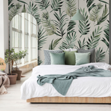 "Havana Wallpaper by Wall Blush in a cozy bedroom setting, showcasing the botanical design as the main focal point."