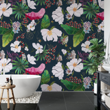 "Wall Blush's Imogen Wallpaper featuring floral pattern enhancing modern bathroom decor focus."