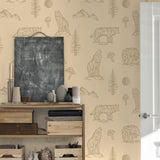Into the Forest Wallpaper by The Rayco Line in stylish home office showcasing wildlife patterns.
