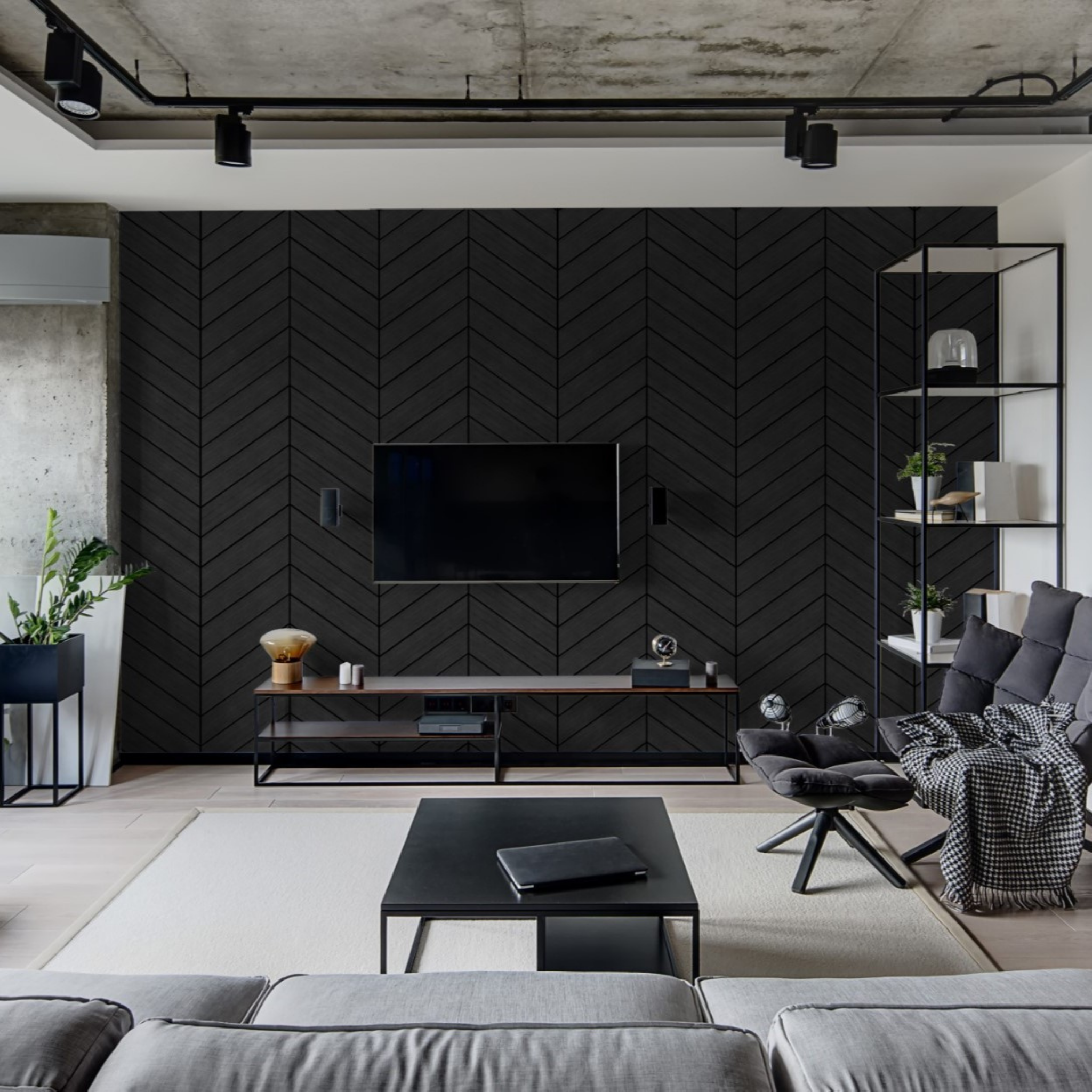 "Modern living room featuring Wall Blush's Jagger Wallpaper with a stylish geometric design."