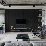 "Modern living room featuring Wall Blush's Jagger Wallpaper with a stylish geometric design."