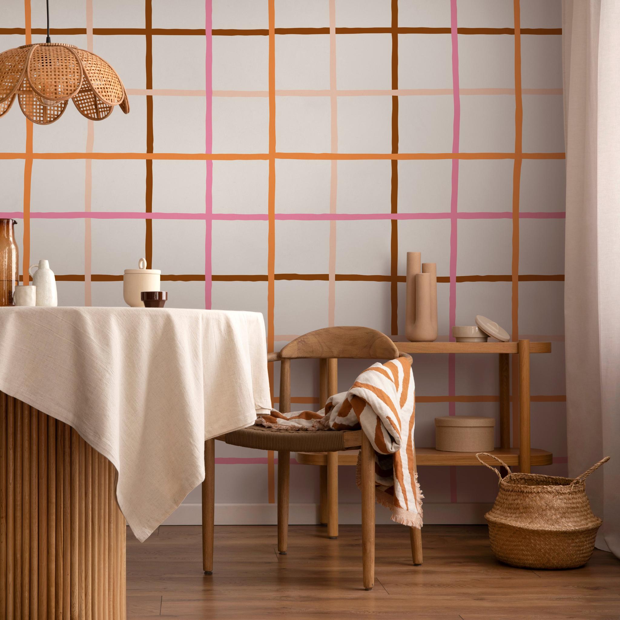 "Wall Blush Jojo Wallpaper featured in stylish dining room setup highlighting modern home decor."