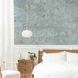 Elegant Kinsbeth Wallpaper by Wall Blush in serene bedroom setting, highlighting floral pattern and decor.