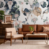 "Cozy living room featuring Wall Blush's Lawless Rose Wallpaper, stylish botanical animal motif with elegant furnishings."
