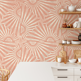 "Lena Wallpaper by Wall Blush in a warm, stylish kitchen, highlighting the pattern's impact as the focal decor."
