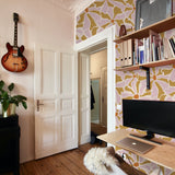 "Lila Wallpaper by Wall Blush in a stylish home office, featuring the bold pattern as the focal point."
