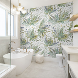 Alt: "Elegant bathroom featuring Lilian's Grove Wallpaper by Wall Blush, highlighting the lush botanical design as the focal point."