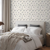 "Little Miss Wallpaper by Wall Blush decorating a cozy bedroom, with a focus on the elegant patterned feature wall."
