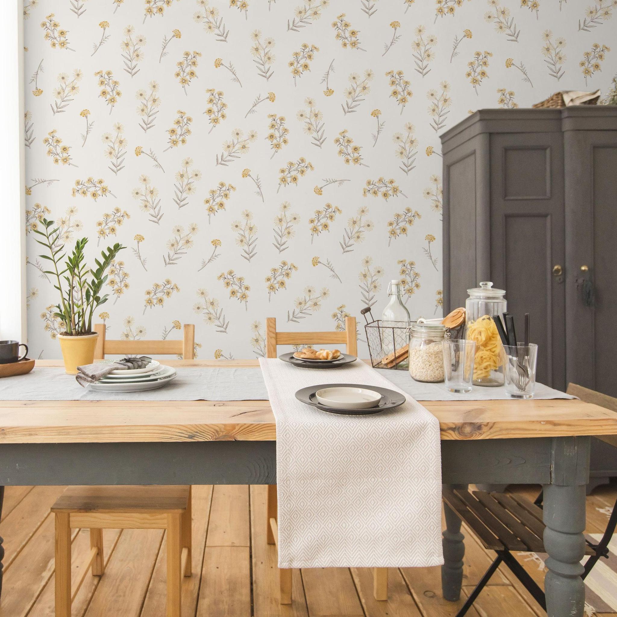 Lottie Wallpaper by Wall Blush SG02 in a cozy dining room, highlighting elegant floral patterns.
