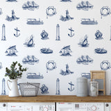 "Wall Blush Mariner Wallpaper featuring nautical patterns in a stylish kitchen interior."