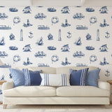 Mariner Wallpaper by Wall Blush SG02 in a nautical-themed living room with focus on wall design.
