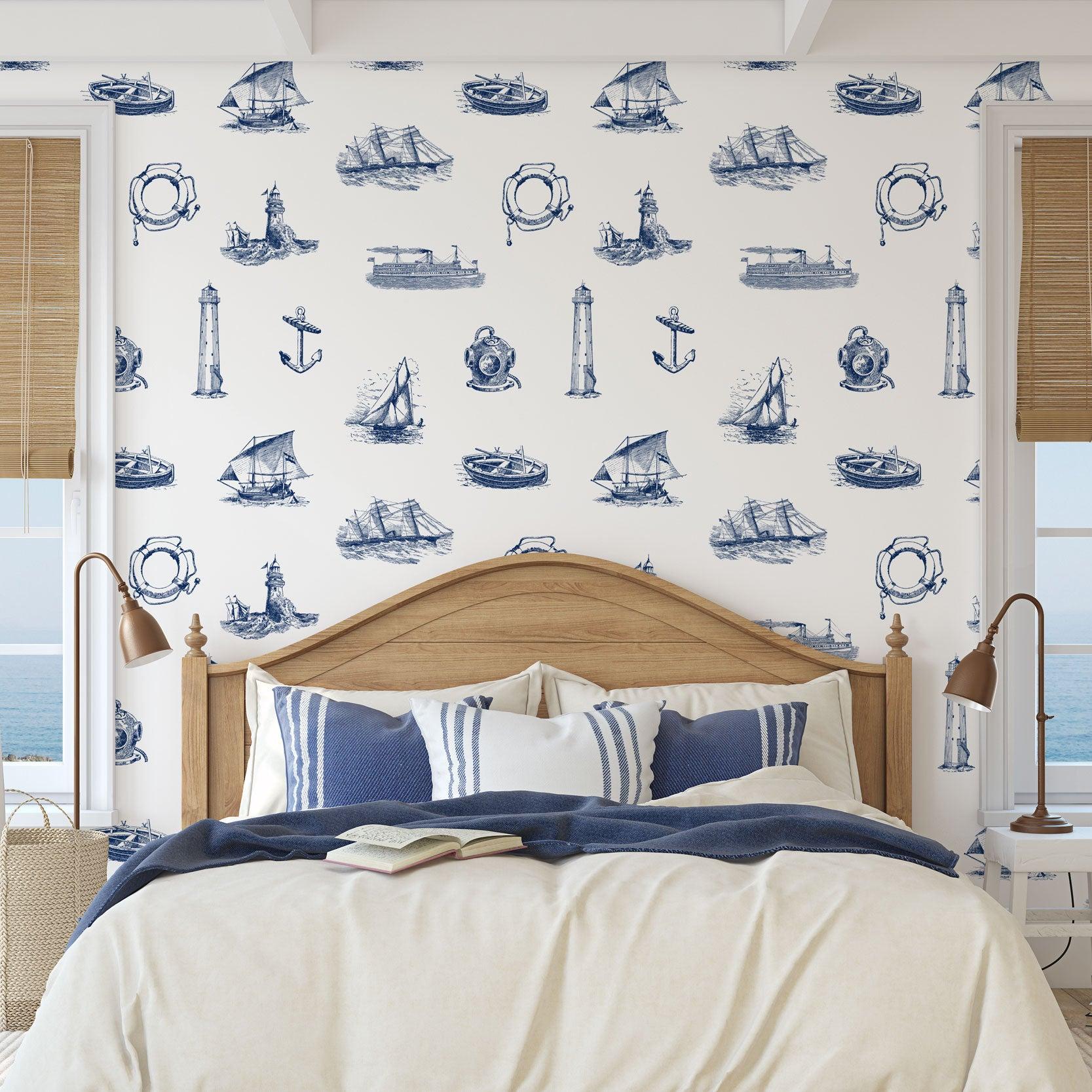 Mariner Wallpaper by Wall Blush SG02 featured in a nautical-themed bedroom interior with ocean view.
