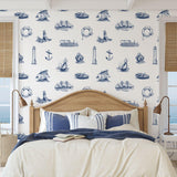 Mariner Wallpaper by Wall Blush SG02 featured in a nautical-themed bedroom interior with ocean view.
