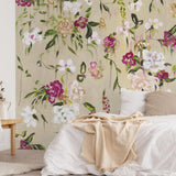 Mariposa Wallpaper by The Katie Small Line in a serene bedroom, highlighting elegant floral design on the wall.
