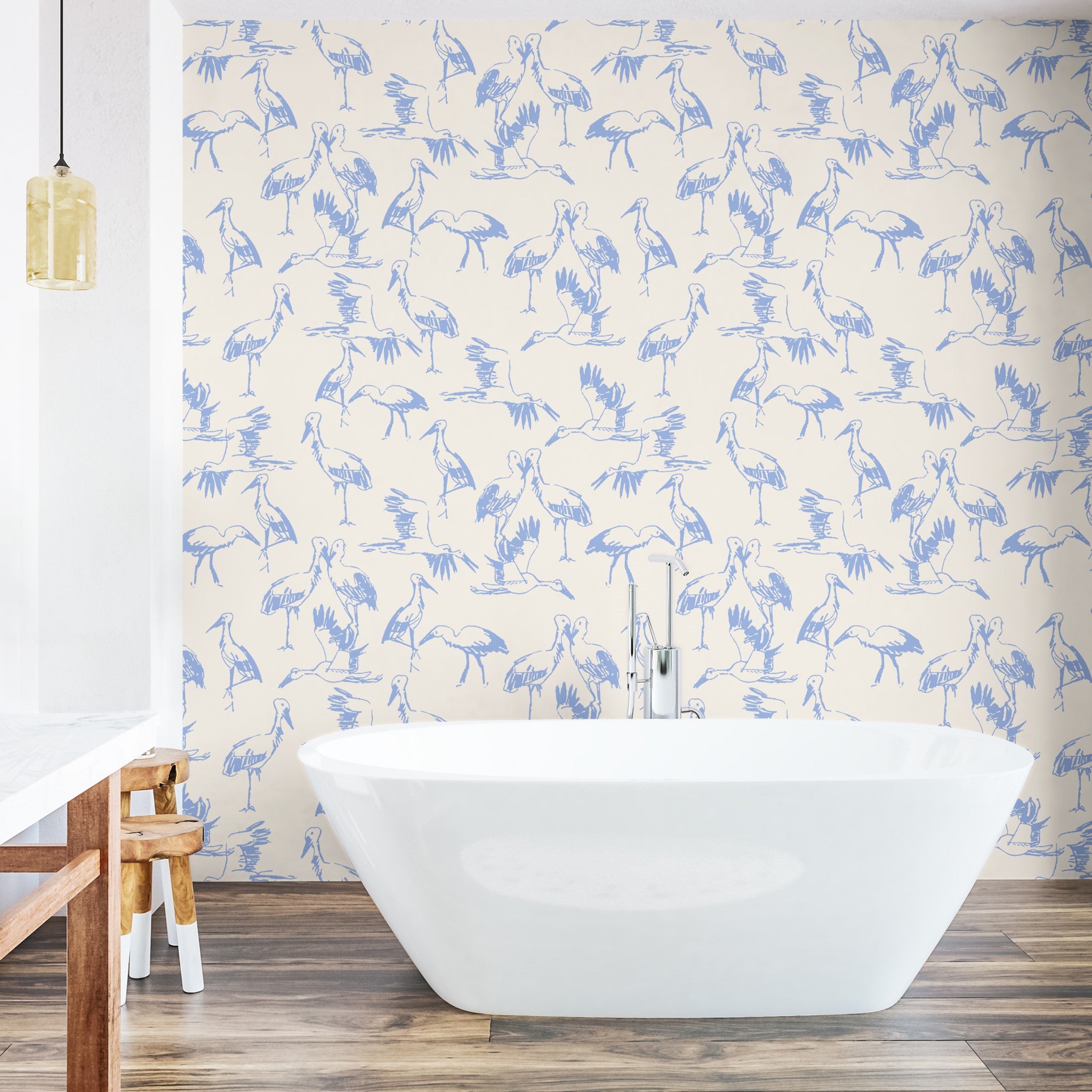 "Matteo and Malena Wallpaper by Wall Blush with blue bird patterns in a modern bathroom setting"