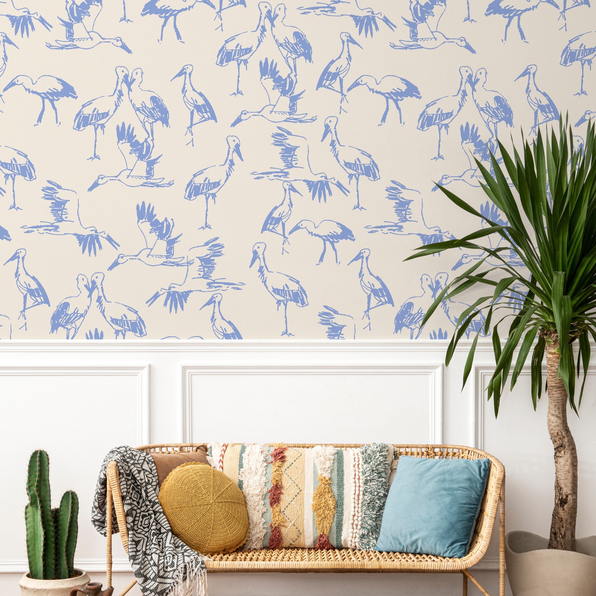 "Wall Blush's Matteo and Malena Wallpaper in a stylish living room, highlighting the elegant bird design."
