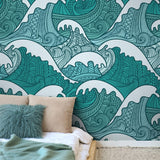 Maui Wallpaper from Wall Blush showcasing vibrant patterns in a modern bedroom setting, focusing on the detailed design.
