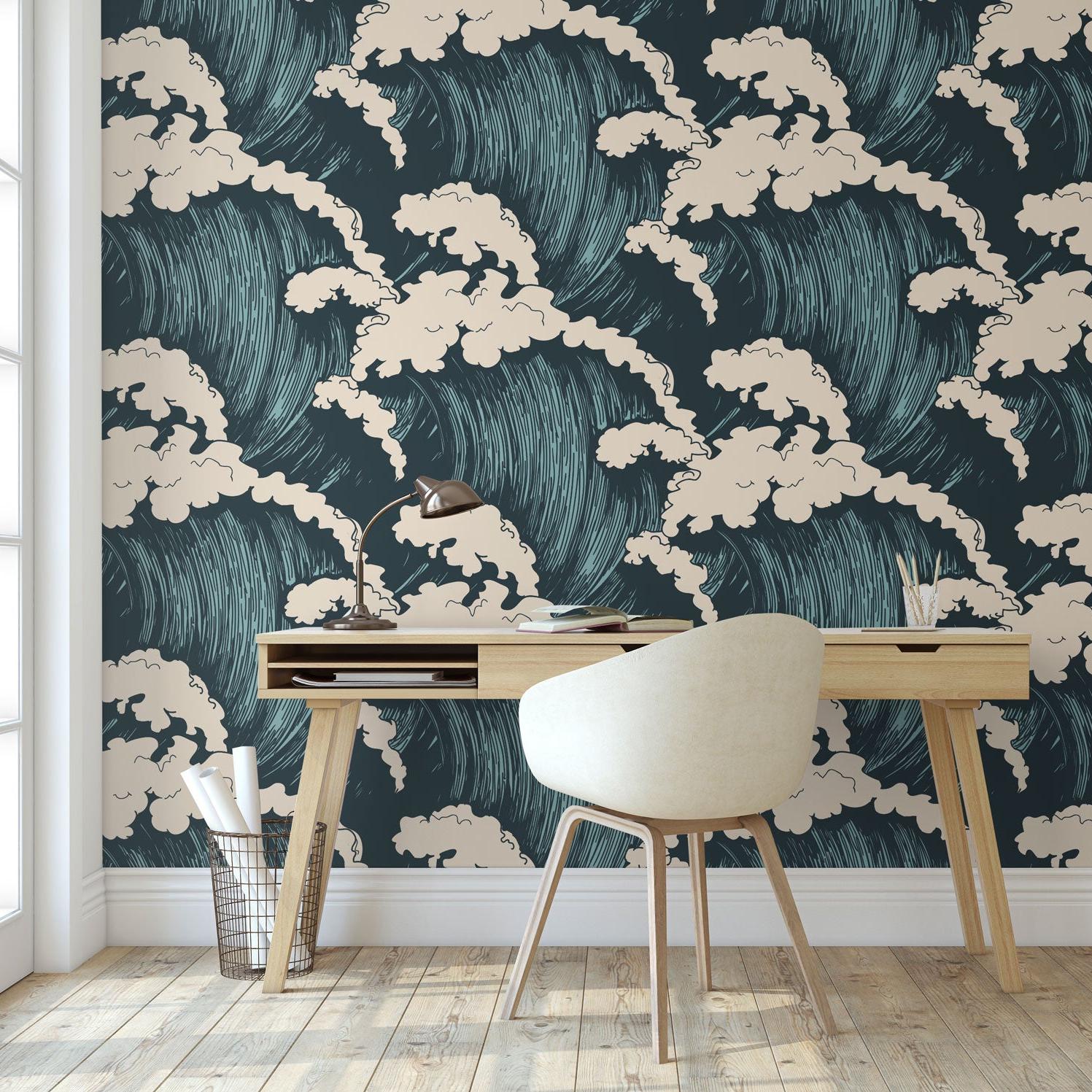 Maverick Wallpaper by Wall Blush SG02 in a stylish home office with focus on wall decor.
