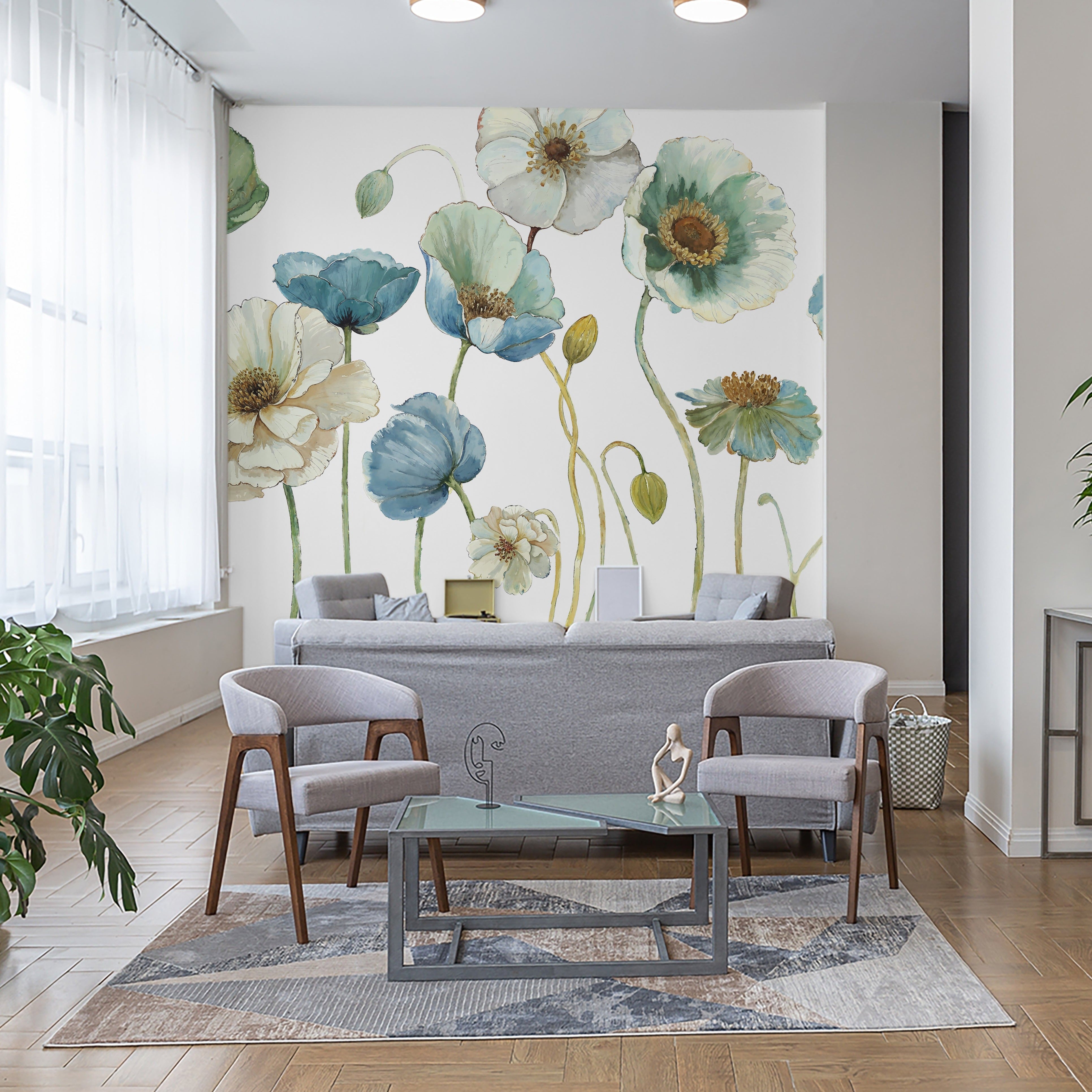 "Meadow Whispers (White) Wallpaper by Wall Blush enhancing a modern living room's decor with floral elegance."