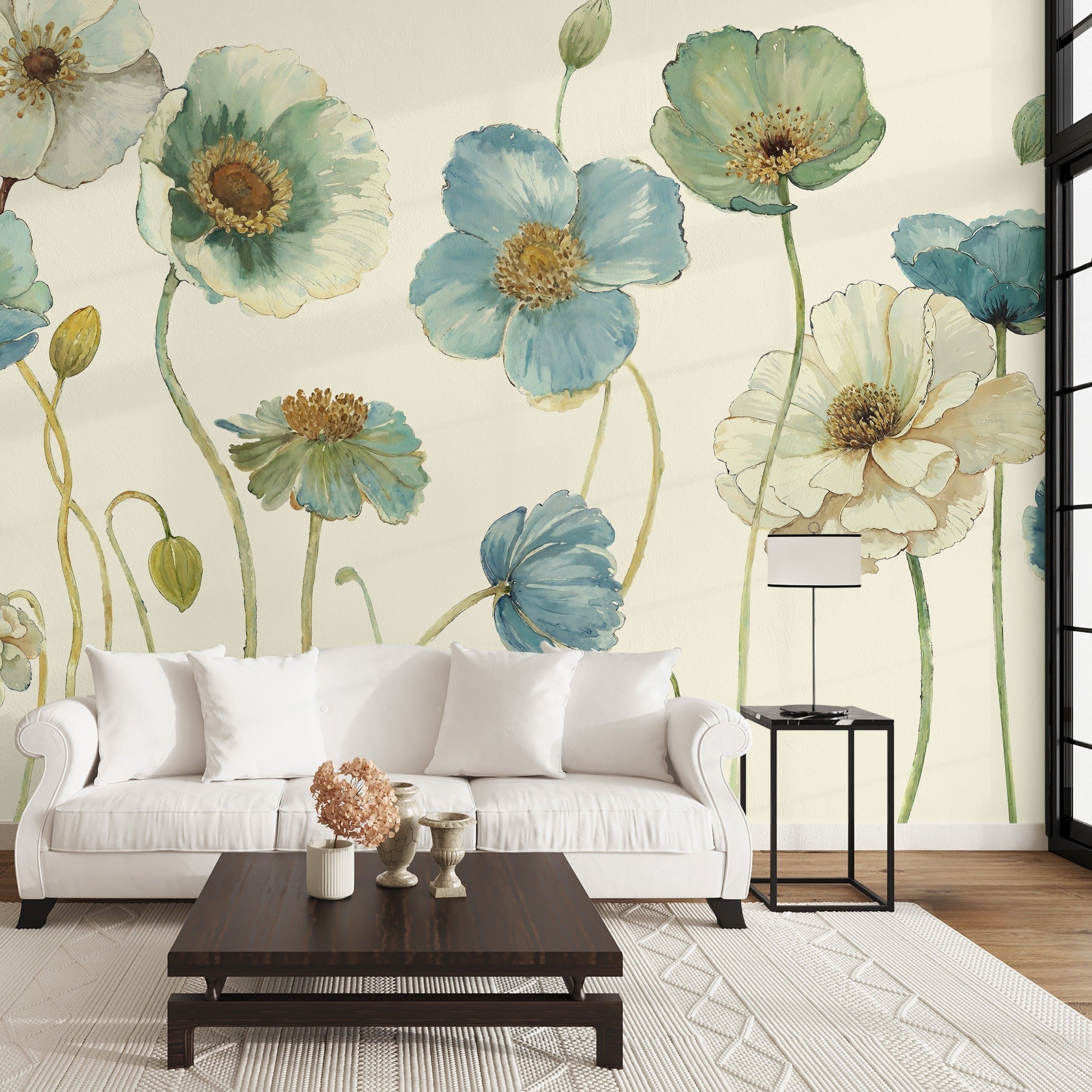 "Meadow Whispers (Cream) Wallpaper by Wall Blush accentuates living room walls with floral elegance."