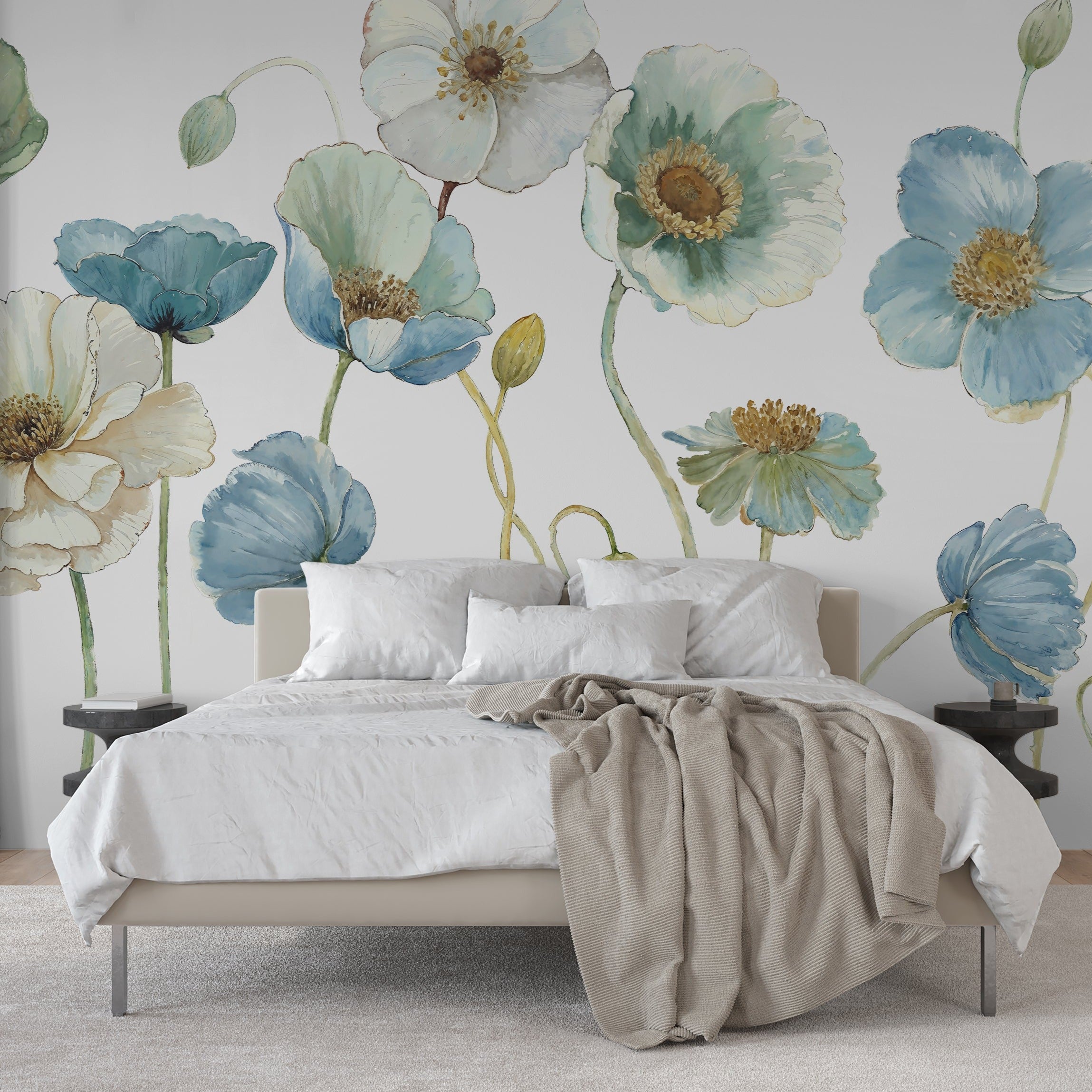 "Meadow Whispers (White) Wallpaper by Wall Blush in a cozy bedroom, featuring large floral design as the focal point."