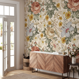 "Mia (Cream) Wallpaper by Wall Blush in a stylish living room, focal floral design on feature wall."