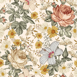Mia (Cream) Wallpaper by Wall Blush, Vintage Floral Design in a Chic Living Room.

(Note: This alt text assumes that the wallpaper is intended for a living room based on the style, as the image itself does not depict a room.)