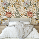"Mia (Cream) Wallpaper by Wall Blush in cozy bedroom showcasing floral design as the focal point of the decor."