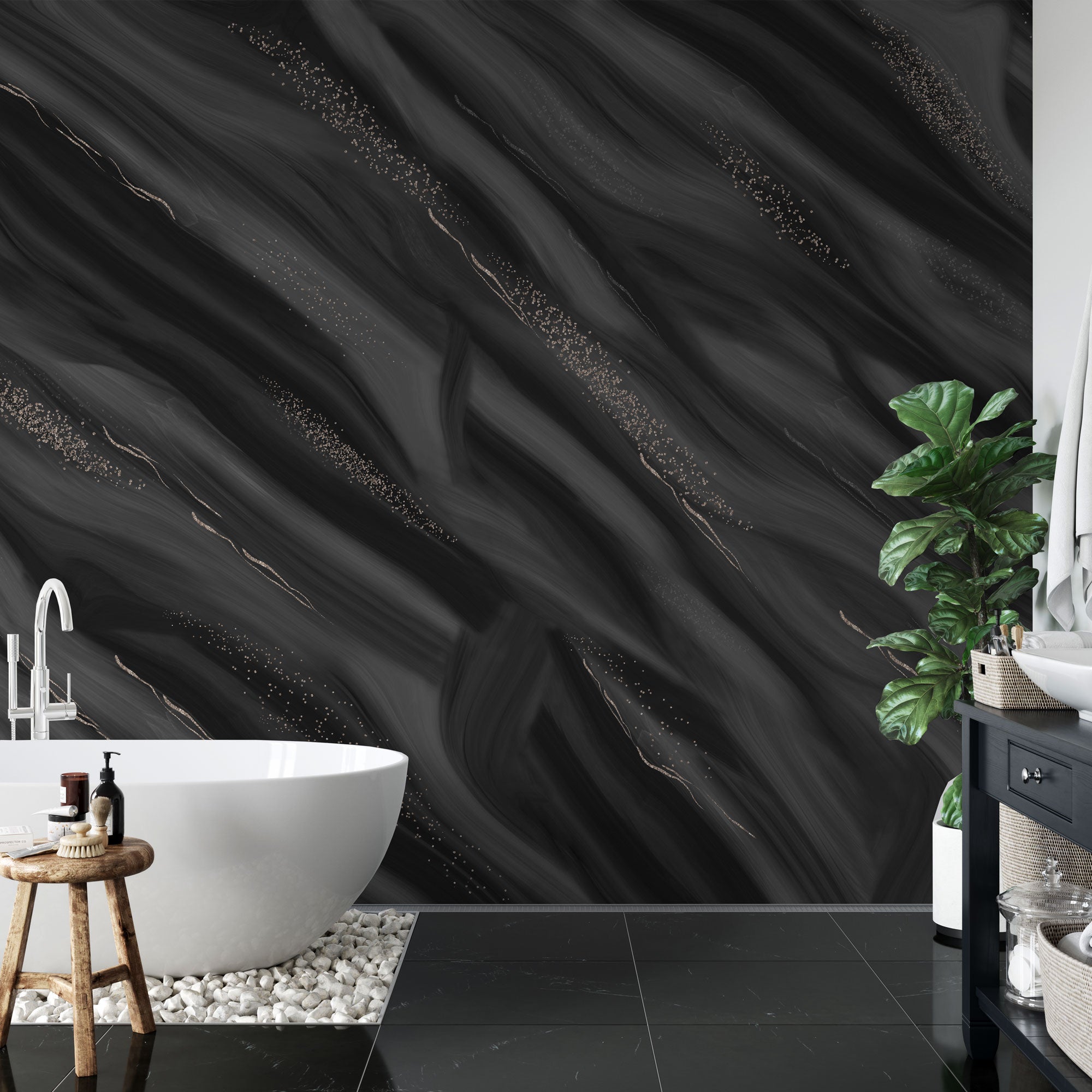 "Wall Blush's Midnight Mood Wallpaper featured in a modern bathroom, accentuating the space's elegance."

Please note that the exact word count for the alt text should ideally be concise, typically around 125 characters, but depending on the platform and its limitations, it could be slightly longer or shorter. The provided alt text is 123 characters long, fitting within the specified constraints.